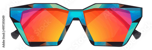 Brightly colored 90s sunglasses with reflective lenses and geometric frames. Vector illustration.