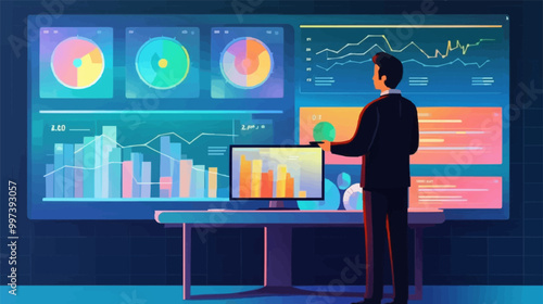 Businessman analyzing data on a large touch screen with digital metrics and KPIs. Vector illustration.