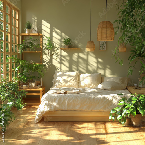 serene green living room featuring cozy bed surrounded by lush plants and natural light. warm wooden accents and soft textiles create tranquil atmosphere perfect for relaxation photo