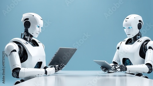 Two humanoid robots engaged in a digital interaction at a table.