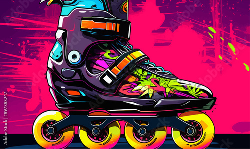 Classic 90s rollerblades with neon wheels and retro graffiti on body. Vector illustration.