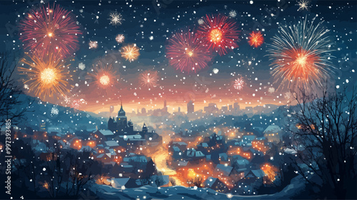 Festive night sky with fireworks over snow-covered cityscape, vector illustration.