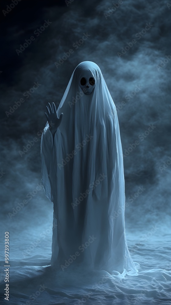 Ghost waving goodbye with hand, wearing ghostly white sheet, Halloween background Ghost waving goodbye with hand, wearing ghostly white sheet, Halloween background
