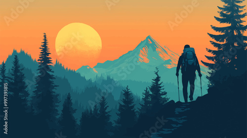 Flat design vector of a person hiking up a mountain trail with gear and a backpack.