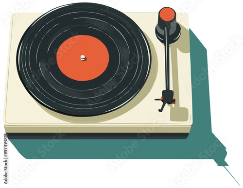 Flat design vector of a retro vinyl record player with a spinning disc.