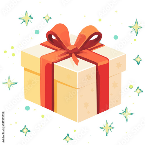 Flat design vector of a wrapped gift box with a shiny ribbon and festive tag.