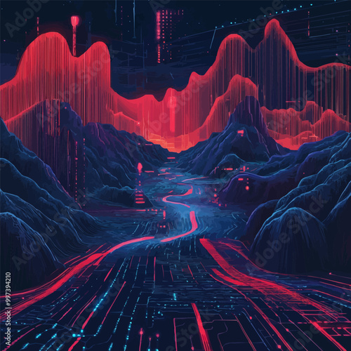 Mix of 2D digital data streams and 3D futuristic landscapes, merging into seamless virtual reality environment. Vector illustration.