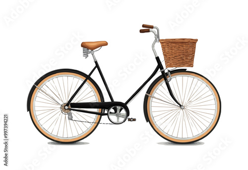 Old-fashioned bicycle with a basket, isolated on a white background. Vector illustration.