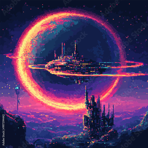 Fototapeta Naklejka Na Ścianę i Meble -  Pixel art of a space station hovering above a pixelated neon planet with glowing rings.