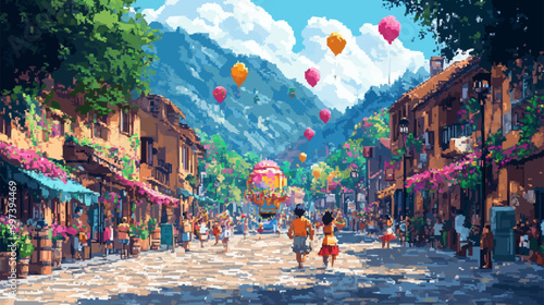 Pixel art of a street parade with dancers and colorful floats.