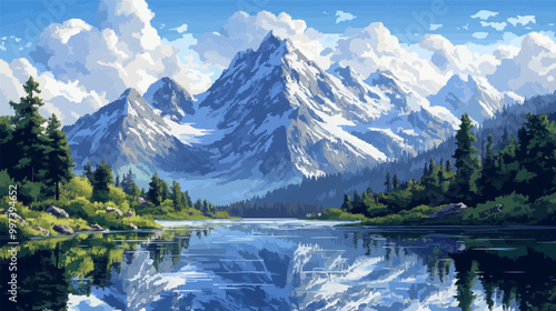 Pixel art of mountain landscape with snow-capped peaks and serene lake reflecting sky.