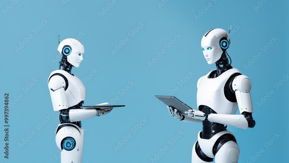 Fototapeta premium Two humanoid robots interacting with tablets against a blue background.