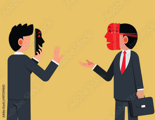 Hypocrisy emblem, Fake businessmen. Businessmen wearing a mask confronting each other