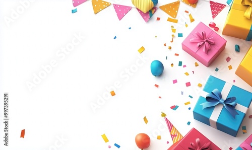 Colorful confetti falls around birthday hats and wrapped gifts on a festive table during a celebration