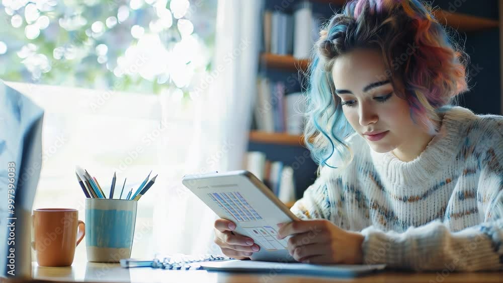 Home office space. Young woman with colorful hair uses digital drawing pad. Focused expression. Soft natural light. Desk with calendar and coffee mug. Bookshelves in background. Home office space. Young woman with colorful hair uses digital drawing pad. Focused expression. Soft natural light. Desk with calendar and coffee mug. Bookshelves in background.