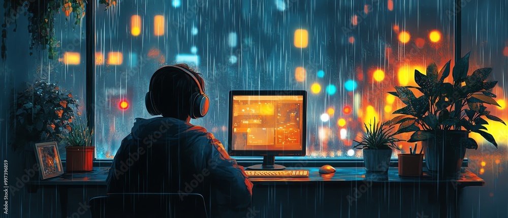 LoFi scene in Japanese cartoon style young person at a desk by a rainy window with headphones LoFi scene in Japanese cartoon style young person at a desk by a rainy window with headphones