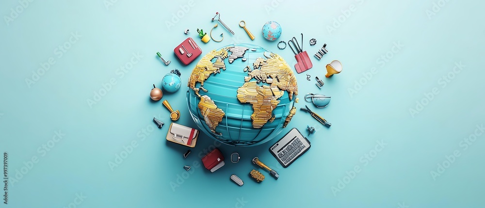 Obraz premium Modern 3D globe with surrounding professional icons briefcase, stethoscope, computer, tools, illustrating global career diversity with vibrant colors on a light blue background