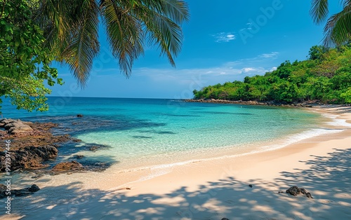 Pristine beaches of Phu Quoc Island in Vietnam, ideal for poster backgrounds, highlighting golden sands and lush tropical surroundings