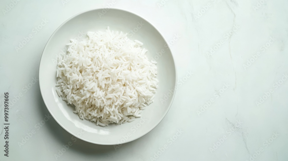 A serving of fluffy white rice is artfully presented on a plain white plate, emphasizing simplicity and elegance in food presentation A serving of fluffy white rice is artfully presented on a plain white plate, emphasizing simplicity and elegance in food presentation
