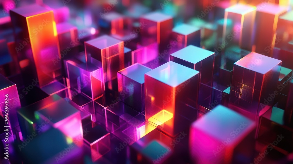 A vibrant, abstract scene featuring colorful, translucent cubes in a digital landscape. A vibrant, abstract scene featuring colorful, translucent cubes in a digital landscape.