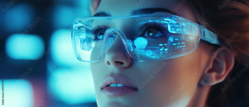 A close-up of a woman wearing futuristic glasses, gazing thoughtfully. A close-up of a woman wearing futuristic glasses, gazing thoughtfully.