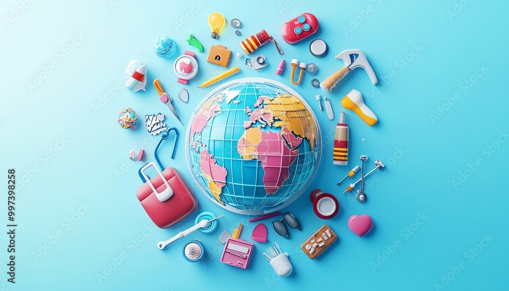 Vibrant and modern 3D illustration of a globe with career icons briefcase Vibrant and modern 3D illustration of a globe with career icons briefcase