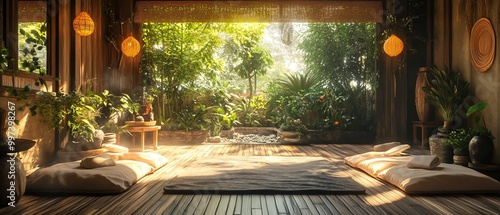 Vietnamese massage parlor scene with wooden floors and Zen atmosphere, showcasing a stressrelieving environment, faces not shown photo