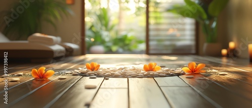 Wooden floor and Zen decor in a Vietnamesestyle stressrelieving massage parlor, tranquil setting with no faces shown photo