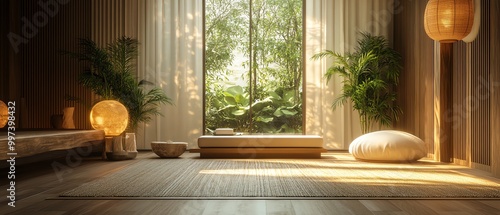 Wooden floor and Zen decor in a Vietnamesestyle stressrelieving massage parlor, tranquil setting with no faces shown photo