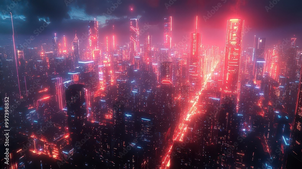 Fototapeta premium a captivating aerial view of a bustling city at night illuminated by neon lights and connected by glowing technology lines depicting the intersection of urban life and digital connectivity