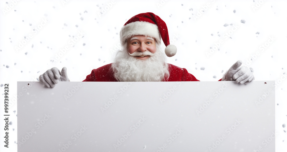 Smiling Santa Claus pointing on blank advertisement banner background with copy space Smiling Santa Claus pointing on blank advertisement banner background with copy space