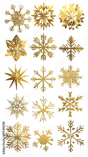 Set of gold christmas snowflakes on white background