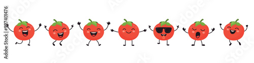 Flat Vector Cartoon Cute and Funny Tomato Character. Dancing, Smiling, Happy, Singing Tomato with Different Faces and Emotions. Tomato Icon, Logo, Vector Illustration in Kawaii Style