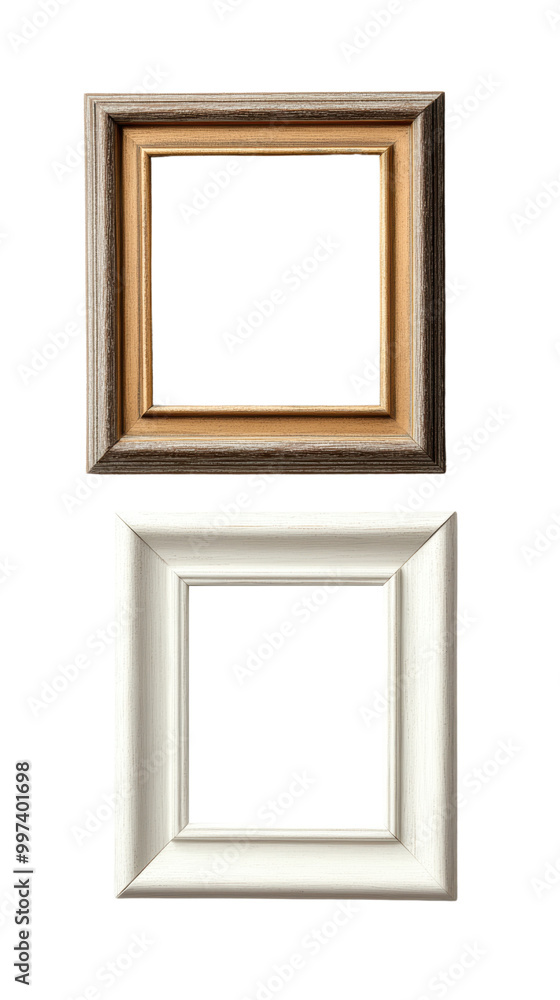 Two rectangular picture frames, one brown and one white, isolated on a clean background. transparent background. Two rectangular picture frames, one brown and one white, isolated on a clean background. transparent background.