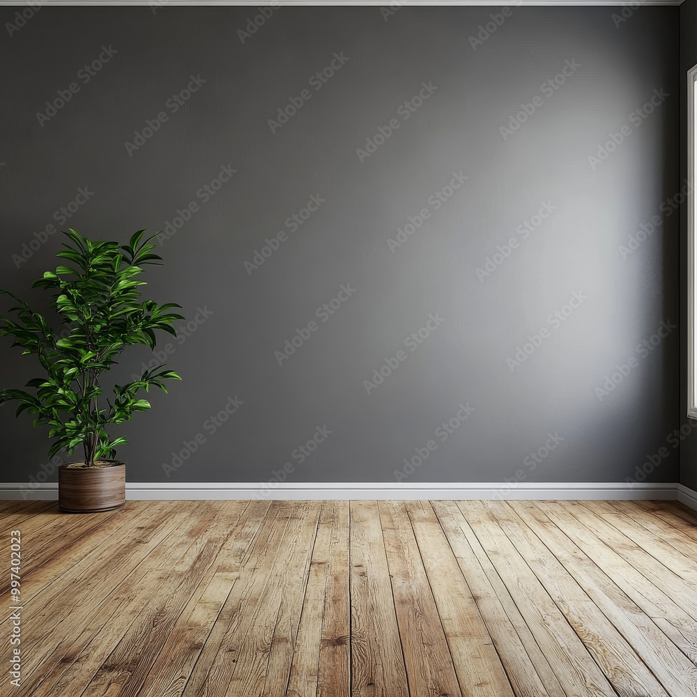 spacious room featuring wooden floor and grey wall, complemented by vibrant green plant in pot, creating serene and inviting atmosphere spacious room featuring wooden floor and grey wall, complemented by vibrant green plant in pot, creating serene and inviting atmosphere