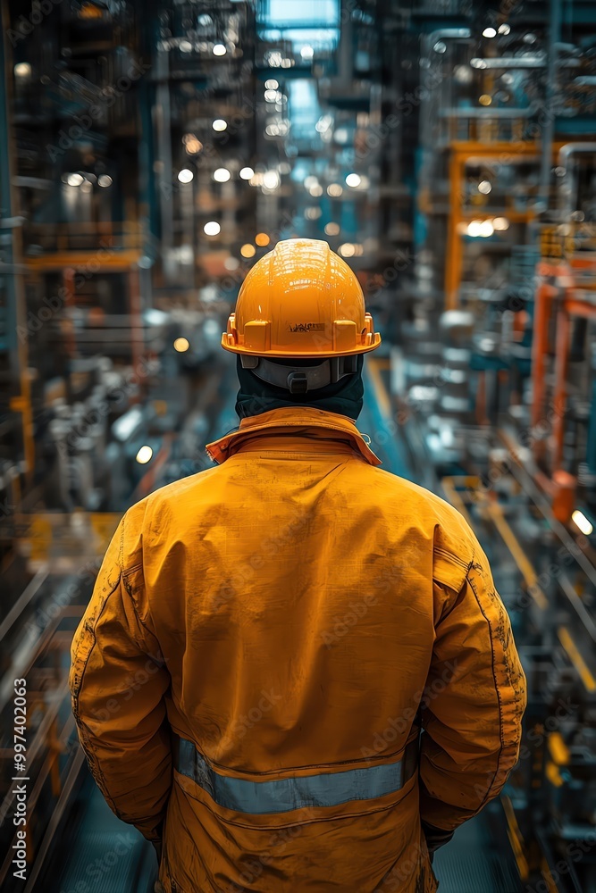 Industrial worker in orange gear, standing in a complex factory environment, back view Industrial worker in orange gear, standing in a complex factory environment, back view