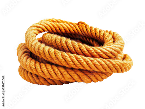 Coiled yellow rope on a white isolated background. transparent background.