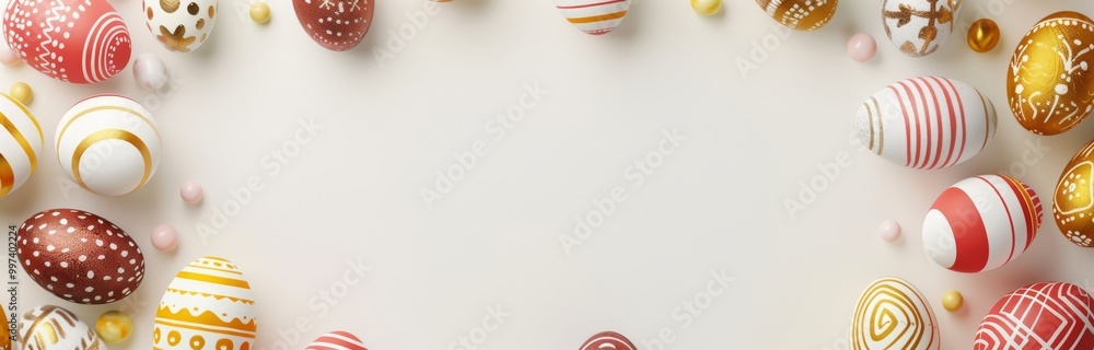 Obraz premium Colorful Easter eggs, painted with gold, white, and red patterns, arranged around a blank space for text or message..