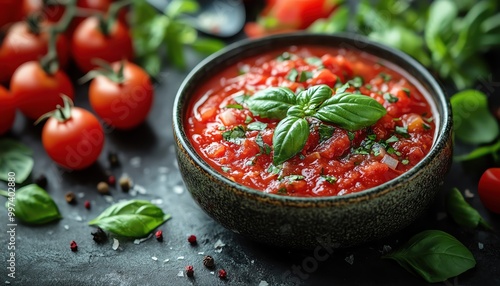 Rich tomato sauce with basil, surrounded by fresh ingredients photo