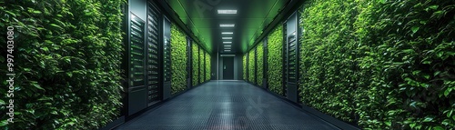 Server room with green, lush vines growing over sleek, futuristic machines photo