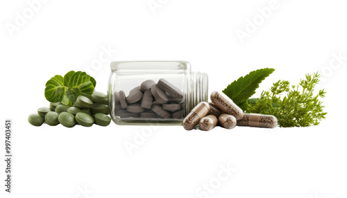 Natural supplements with green leaves and capsules on a white isolated background. transparent background. photo