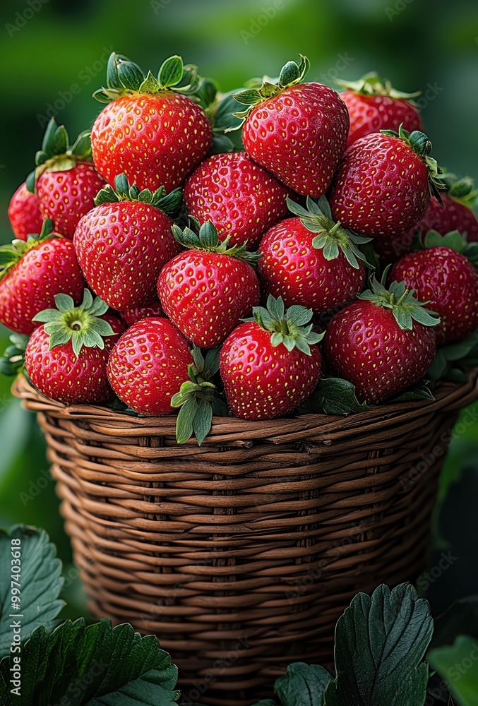 Strawberries stacked in a wicker basket, vibrant red and lush Strawberries stacked in a wicker basket, vibrant red and lush