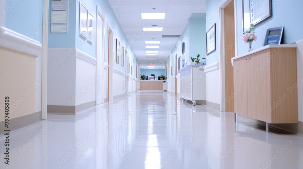 modern clinic hallway with bright lighting and clean surfaces creates welcoming atmosphere. modern clinic hallway with bright lighting and clean surfaces creates welcoming atmosphere.