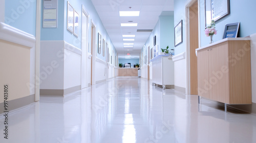 modern clinic hallway with bright lighting and clean surfaces creates welcoming atmosphere.