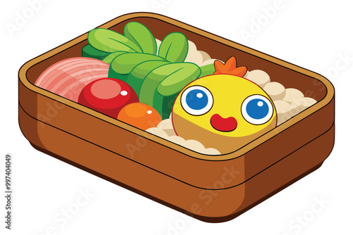 Close up Bento set, Japanese meal in a Box on white background grilled unagi or eel with rice, salad.