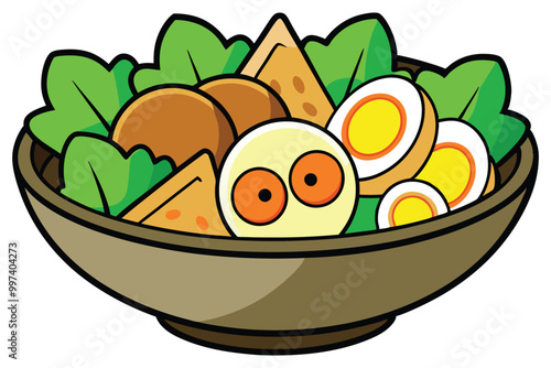 Caesar salad with eggs lettuce croutons parmesan and chicken on white background