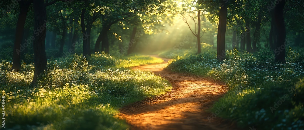 Winding dirt path through a lush green forest, bathed in soft sunlight, peaceful and inviting Winding dirt path through a lush green forest, bathed in soft sunlight, peaceful and inviting
