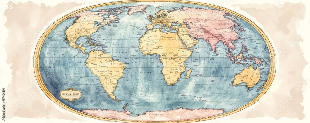 Fototapeta premium Handdrawn flat circular world map in pastel colors on a white background