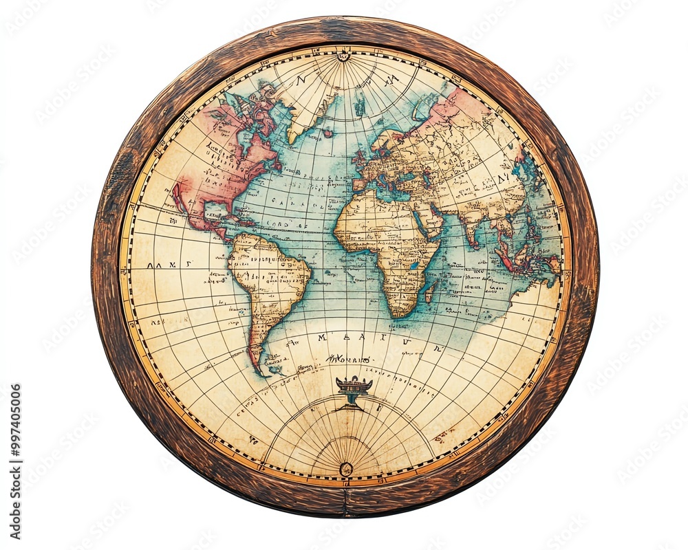 Handdrawn old flat circular world map in pastel colors Handdrawn old flat circular world map in pastel colors