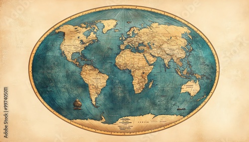 Fototapeta Naklejka Na Ścianę i Meble -  High detail handdrawn old flat circular vector map of the world